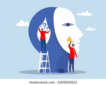 imposter syndrome, businessman promote work but behind Anxiety and lack of self confidence at work vector