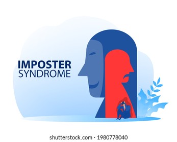 Imposter syndrome. businessman sitting sad with mask happy and Anxiety and lack of self confidence at work; the person fakes is someone else concept