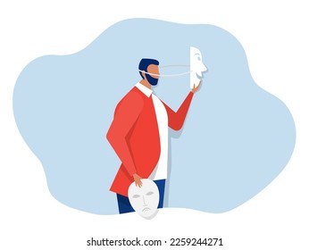 Imposter Syndrome. A businessman takes mask his imposter for Anxiety and lack of self confidence at work vector