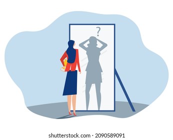 imposter syndrome, businesswoman looking shadow himself through mirror for Anxiety and lack of self confidence at work vector