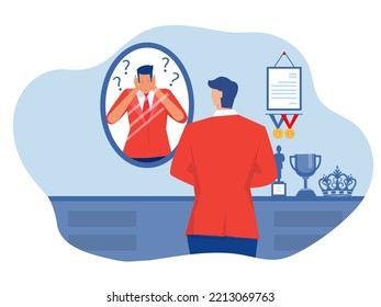 imposter syndrome, businesswoman looking shadow himself through mirror for Anxiety and lack of self confidence at work vector