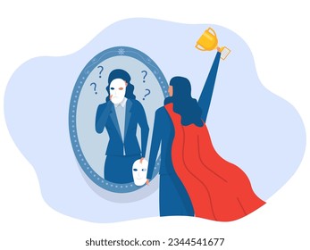 imposter syndrome, businesswoman looking shadow himself through mirror for Anxiety and lack of self confidence at work vector