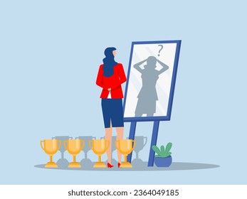 imposter syndrome, businesswoman looking shadow himself through mirror for Anxiety and lack of self confidence at work vector