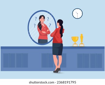 imposter syndrome, businesswoman looking shadow himself through mirror for Anxiety and lack of self confidence at work vector illustration.
