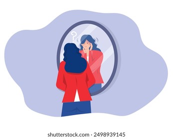 imposter syndrome, businesswoman looking shadow himself through mirror for Anxiety and lack of self confidence at work vector