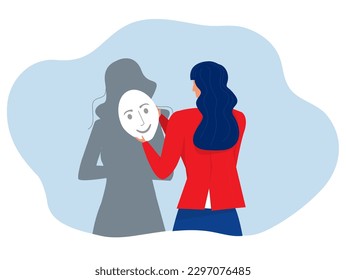 Imposter Syndrome. A businesswoman looks her shadow and takes mask his imposter for Anxiety and lack of self confidence at work vector