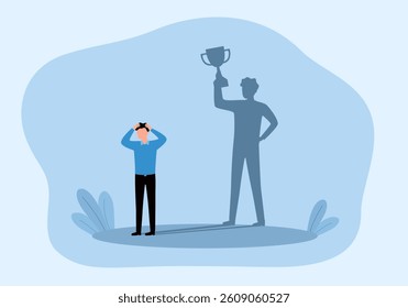 Imposter syndrome concept. Man standing for his present profile with take award with anxiety and lack of self confidence at work.