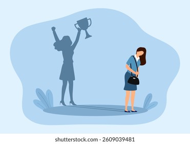 Imposter syndrome concept. Shadow woman standing for her present profile take award with anxiety and lack of self confidence at work.
