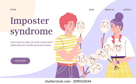 Imposter syndrome concept of website banner with cartoon characters. Anxiety and lack of self confidence or impostor syndrome problem, flat vector illustration.