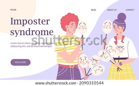 Imposter syndrome concept of website banner with cartoon characters. Anxiety and lack of self confidence or impostor syndrome problem, flat vector illustration.