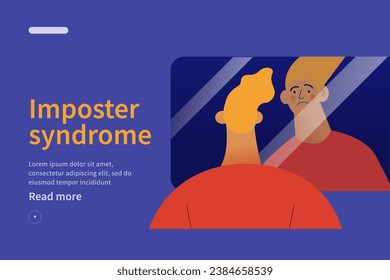 Imposter syndrome concept website. Mental psychological disorder. Doubt, low self-esteem. Male doubtful in skills, talents looking in mirror. Modern vector illustration