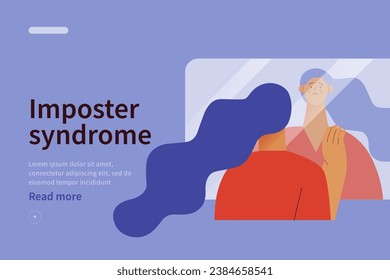 Imposter syndrome concept website. Mental psychological disorder. Doubt, low self-esteem. Female doubtful in skills, talents looking in mirror. Modern vector illustration