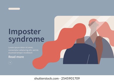 Imposter syndrome concept website. Mental psychological disorder. Doubt, low self-esteem. Female doubtful in skills, talents looking in mirror. Modern vector illustration