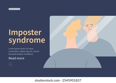 Imposter syndrome concept website. Mental psychological disorder. Doubt, low self-esteem. Male doubtful in skills, talents looking in mirror. Modern vector illustration