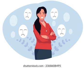 imposter syndrome, Girls Sad covering face expressions ,problems, bipolar, disorder hypocrisy, and split personality Mental health illness and psychological problems concept vector illustrator