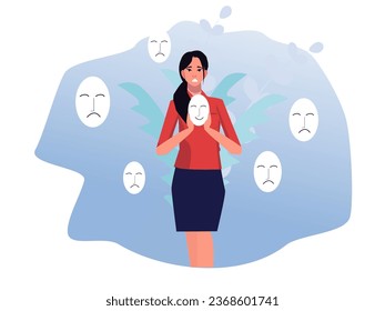imposter syndrome, Girls trying on carnival masks with happy or sad expressions.
