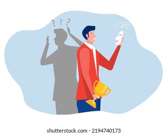 Imposter syndrome man  take award  with shadow  Anxiety and lack of self confidence at work,the person fakes is someone else concept