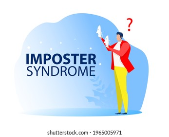 imposter syndrome, man trying on carnival masks with happy or sad expressions.