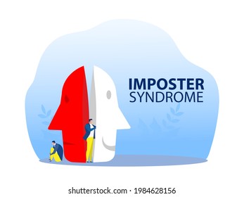 imposter syndrome, man trying on carnival masks with happy or sad expressions.