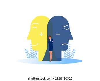 Imposter syndrome; masks with happy or sad expressions.Bipolar disorder; fake faces and emotions. Psychology; false behavior or deceiver.vector illustrator