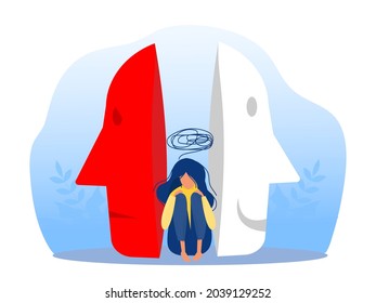 Imposter syndrome; masks with happy or sad expressions.Bipolar disorder; fake faces and emotions. Psychology; false behavior or deceiver.vector illustrator