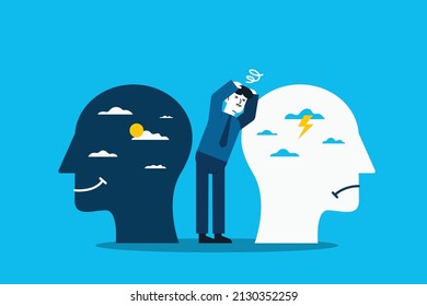 Imposter syndrome; masks with happy or sad expressions.Bipolar disorder; fake faces and emotions. Psychology; false behavior or deceiver.