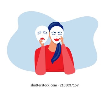 Imposter syndrome; masks with happy or sad expressions.Bipolar disorder; fake faces and emotions. Psychology; false behavior or deceiver.vector illustrator