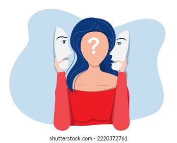 Síndrome del impostor; máscaras con expresiones felices o tristes.Desorden bipolar; caras y emociones falsas. Psicología; falso comportamiento o engañador.ilustrador vector