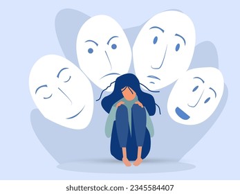 Síndrome del impostor; máscaras con expresiones felices o tristes.Desorden bipolar; caras y emociones falsas. Psicología; falso comportamiento o defraudador.vector ilustrador.
