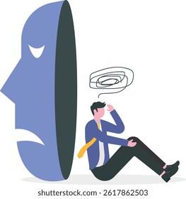Imposter syndrome; masks with happy or sad expressions.Bipolar disorder; fake faces and emotions. Psychology; false behavior or deceiver.vector illustrator

