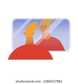 Imposter syndrome. Mental psychological disorder. Doubt, low self-esteem. Male doubtful in skills, talents looking in mirror. Modern vector illustration isolated on white background