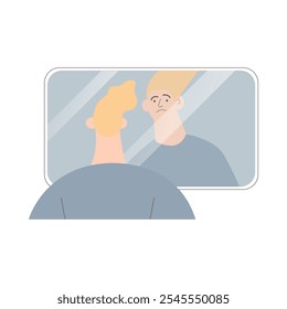 Imposter syndrome. Mental psychological disorder. Doubt, low self-esteem. Male doubtful in skills, talents looking in mirror. Modern vector illustration isolated on white background