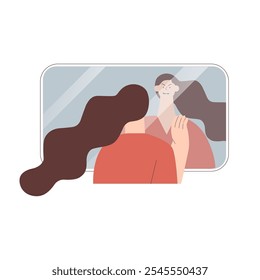 Síndrome de impostor. Trastorno psicológico mental. Duda, baja autoestima. Mujer dudosa en habilidades, talentos mirándose en el espejo. Ilustración vectorial moderna aislada sobre fondo blanco