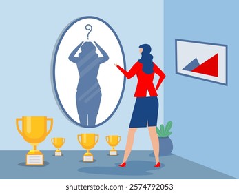 Imposter syndrome, Mental psychology concept.woman looking shadow her self on mirror with,Doubt, low self-esteem.Person doubtful in skills, talents. Flat graphic vector illustration