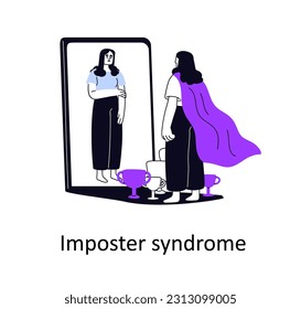 Imposter syndrome, psychology concept. Mental psychological problem. Doubt, low self-esteem. Person doubtful in skills, talents. Flat graphic vector illustration isolated on white background.