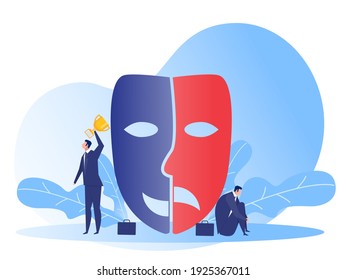 Imposter syndrome.man standing for her present profile with fear shadow behind. Anxiety and lack of self confidence at work; the person fakes is someone else concept