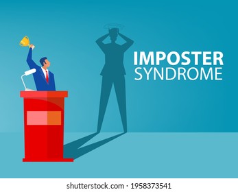 Imposter syndrome.man standing for her present profile with fear shadow behind. Anxiety and lack of self confidence at work; the person fakes is someone else concept