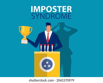 Imposter syndrome.man standing for her present profile with fear shadow behind. Anxiety and lack of self confidence at work; the person fakes is someone else concept
