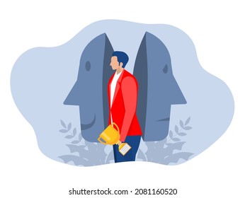 Imposter syndrome.man standing for her present profile with fear shadow behind. Anxiety and lack of self confidence at work; the person fakes is someone else concept
