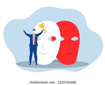Imposter syndrome.man standing for her present profile with fear shadow behind. Anxiety and lack of self confidence at work; the person fakes is someone else concept