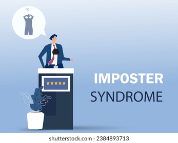 Imposter syndrome.man standing for her present profile with fear shadow behind. Anxiety and lack of self confidence at work; the person fakes is someone else concept. vector illustration.
