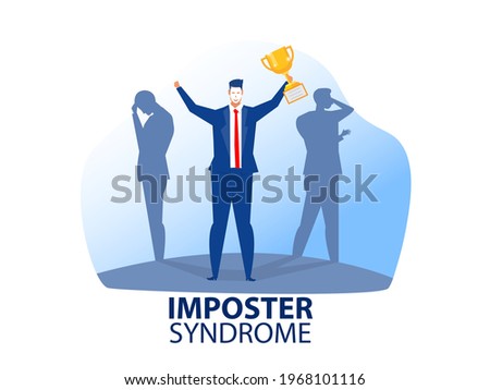 Imposter syndrome.man standing for her present profile with fear shadow behind. Anxiety and lack of self confidence at work; the person fakes is someone else concept