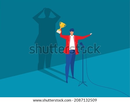 Imposter syndrome.man standing for her present profile with fear shadow behind. Anxiety and lack of self confidence at work; the person fakes is someone else concept