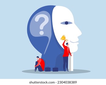 Imposter syndrome.man standing for him present profile with fear behind. Anxiety and lack of self confidence at work; the person fakes is someone else concept
