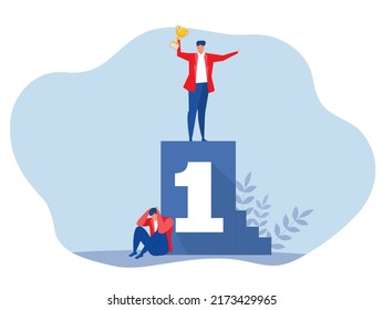 Imposter syndrome.man standing on number one reward with Anxiety and lack of self-confidence at work; the person fakes is someone else concept vector illustrator