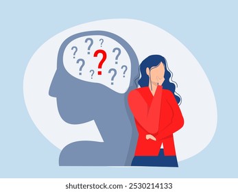 Imposter syndrome thinking mind ,shadow woman standing for adoubt question mark with Anxiety and lack of self confidence at work, the person fakes is someone else concept vector