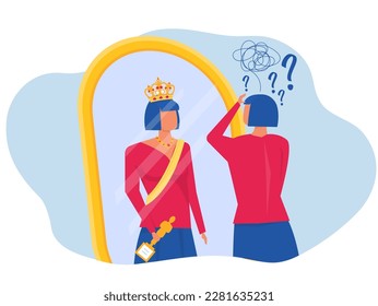 imposter syndrome, Woman looking on mirror herself Promote work with Anxiety and lack of self-confidence at work concept flat illustrator vector