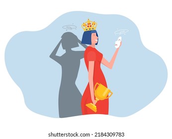 Imposter syndrome Woman queen take award  with shadow  Anxiety and lack of self confidence at work,the person fakes is someone else concept