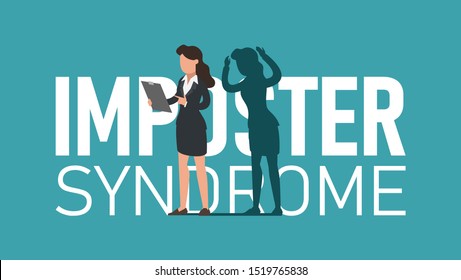 Imposter syndrome. Woman standing with fear shadow behind. Anxiety and lack of self confidence at work, feeling of not good enough at job. Impostor syndrome problem. Flat vector illustration.