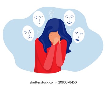 síndrome impostor, mujer que padece trastorno bipolar con euforia, psicótica, depresión, pánico en un vector de un momento